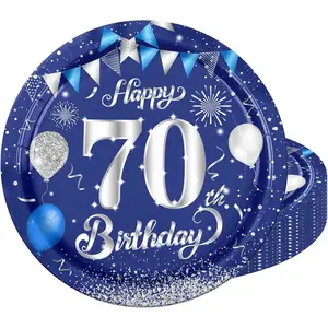 20Pcs Large Disposable 70th Birthday Paper Plates Eternal Blue & Silver Theme Tableware Set for Men Women 70th Birthday Decorations Supplies