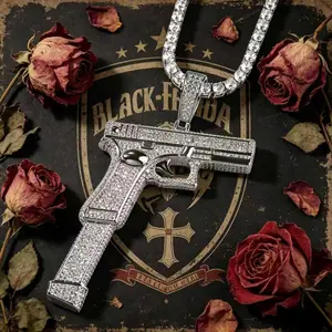 Real Gold Thick Plated Copper 5A Zircon Punk Retro Pistol Shape Glock 17 Ice Out Pendant Necklace Hip Hop Rap Street Style for Men Women Daily Party Gift