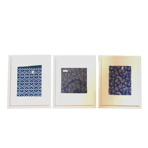 Framed Batik Fabric Wall Art Three Frames, Hanging Decoration, Blue Art Fabric Decor