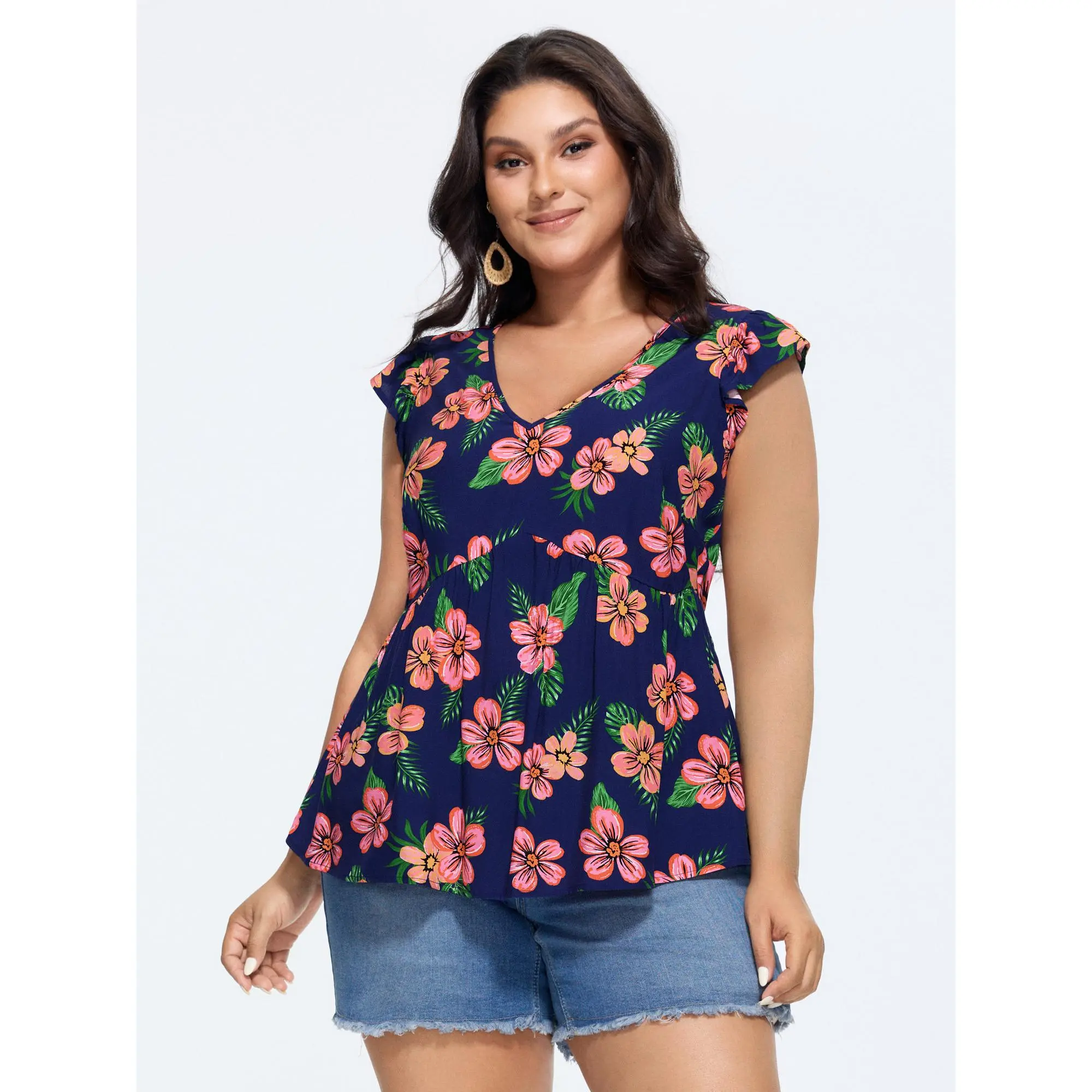 BLOOMCHIC Women's Plus Size Colorful Floral Print Ruffled Sleeve Blouse Top - Rayon Clothes, Relaxed Fit, Summer Shirt, Size M-6X, 2026 Spotlight Deals