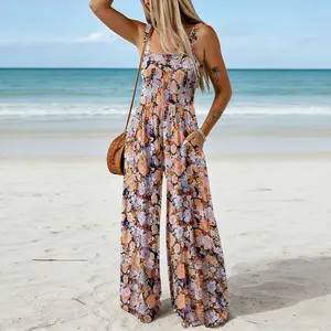Women's Casual Loose Overalls Jumpsuits One Piece Sleeveless Printed Wide Leg Long Pant Rompers With Pockets Bohemian Womenswear Mother's Day gift