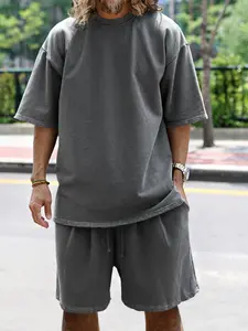 Men's Spring Summer New Loose Knitted Fabric Short Sleeve Round Neck T-Shirt Set, Comfortable and Fashionable Quick-Dry Breathable
