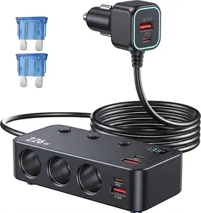 226W Cigarette Lighter Splitter 9-in-1Design,Multi-Port Car Charger Adapter with 3 Socketsand Dual PD USB-C, 4 USB Fast Charging Portsfor Multiple Devices, LED Voltage Display withIndependent Switches, Professional 12V-24vAuto Accessory #SummerVibes