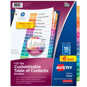 Avery Ready Index 15 Tab Binder Dividers, Customizable Table of Contents, Multicolor Tabs, 6 Sets (11197)