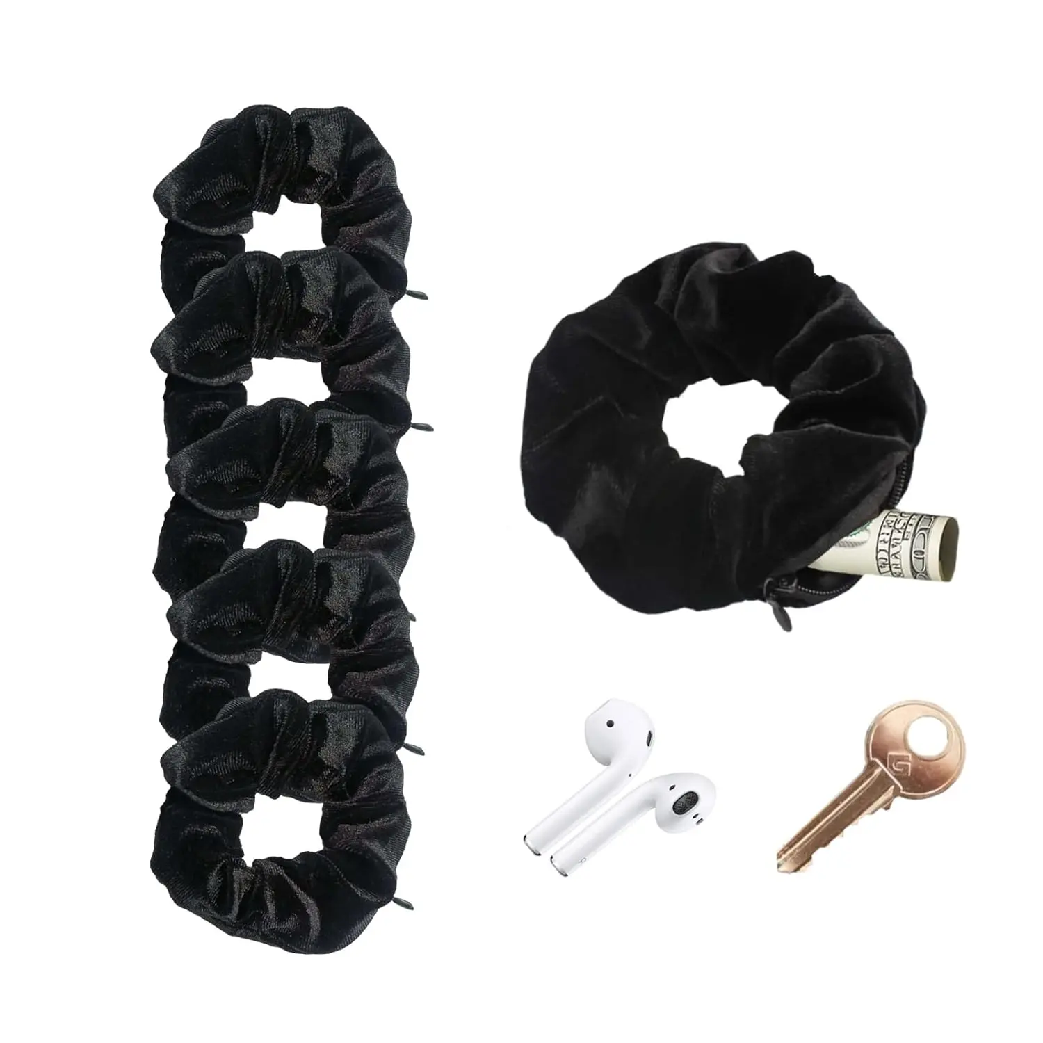 Women's Soft Velvet Look Zipper Scrunchies - 6PCS Black Hair Ties with Hidden Zipper Pockets for Secure Storage of Cash, Lipstick, Keys, Travel & On-the-Go Use