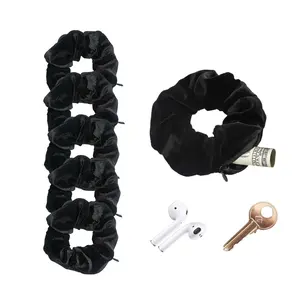 Women's Soft Velvet Look Zipper Scrunchies - 6PCS Black Hair Ties with Hidden Zipper Pockets for Secure Storage of Cash, Lipstick, Keys, Travel & On-the-Go Use