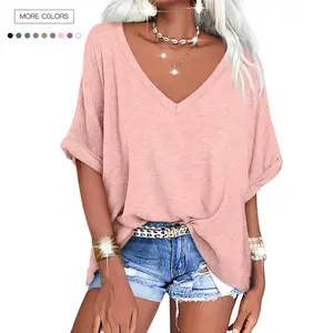 Danedvi Women's Oversized T Shirts V Neck Short Sleeve Summer Casual Loose Tops Tees Solid Color Loose Fit Cute Basic Flowy Tops Tees Blouses