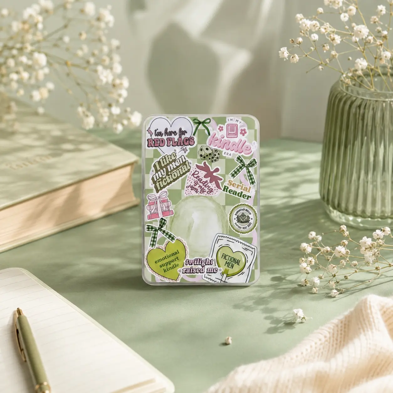 Aesthetic 2D Acrylic Serial Reader Phone Grip, Sage Green Phone Holder, Bookish Phone Stand