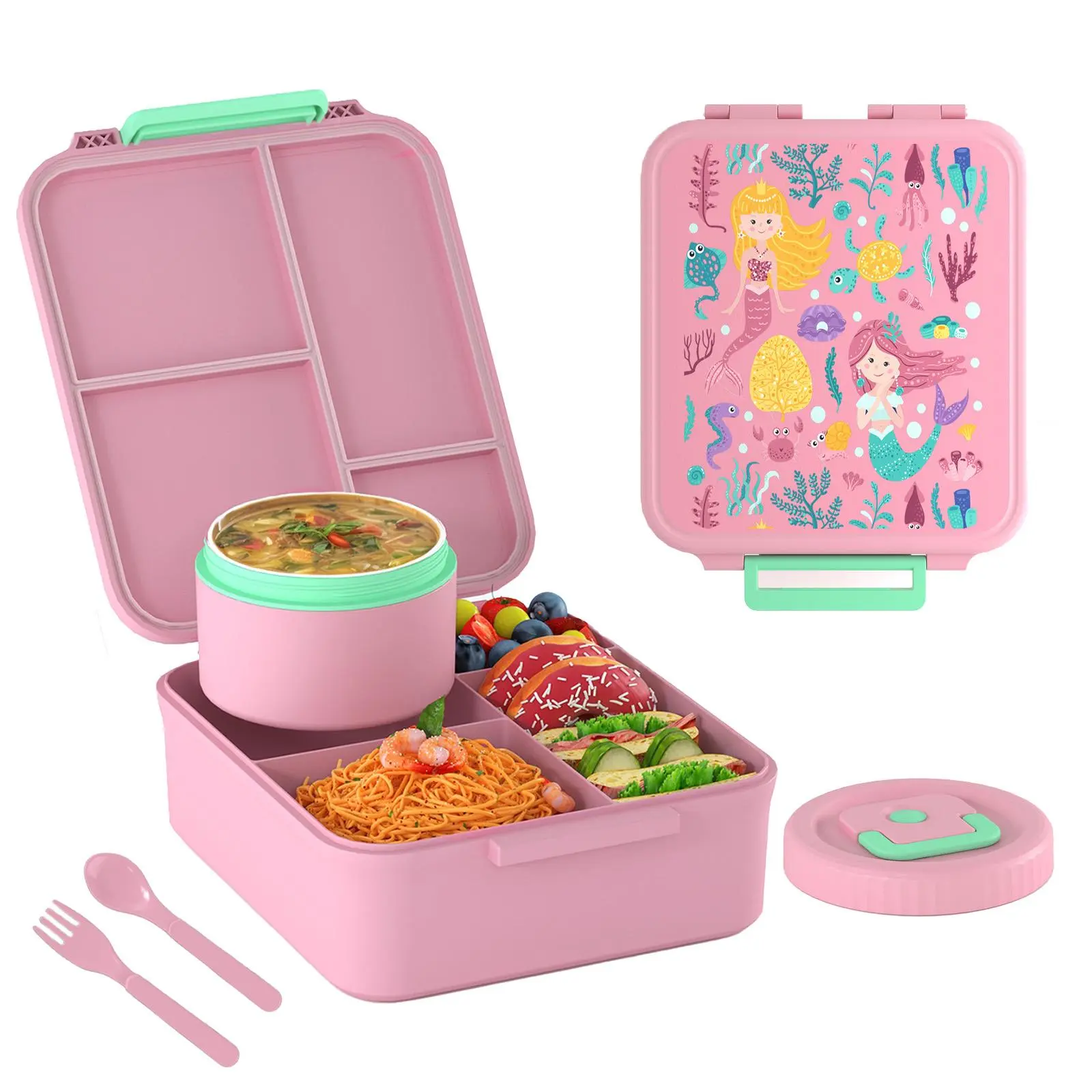 Leak-Proof Insulated Bento Box - 8 oz Soup Warmer + 4 Compartments, Portable Lunch Container with Utensils