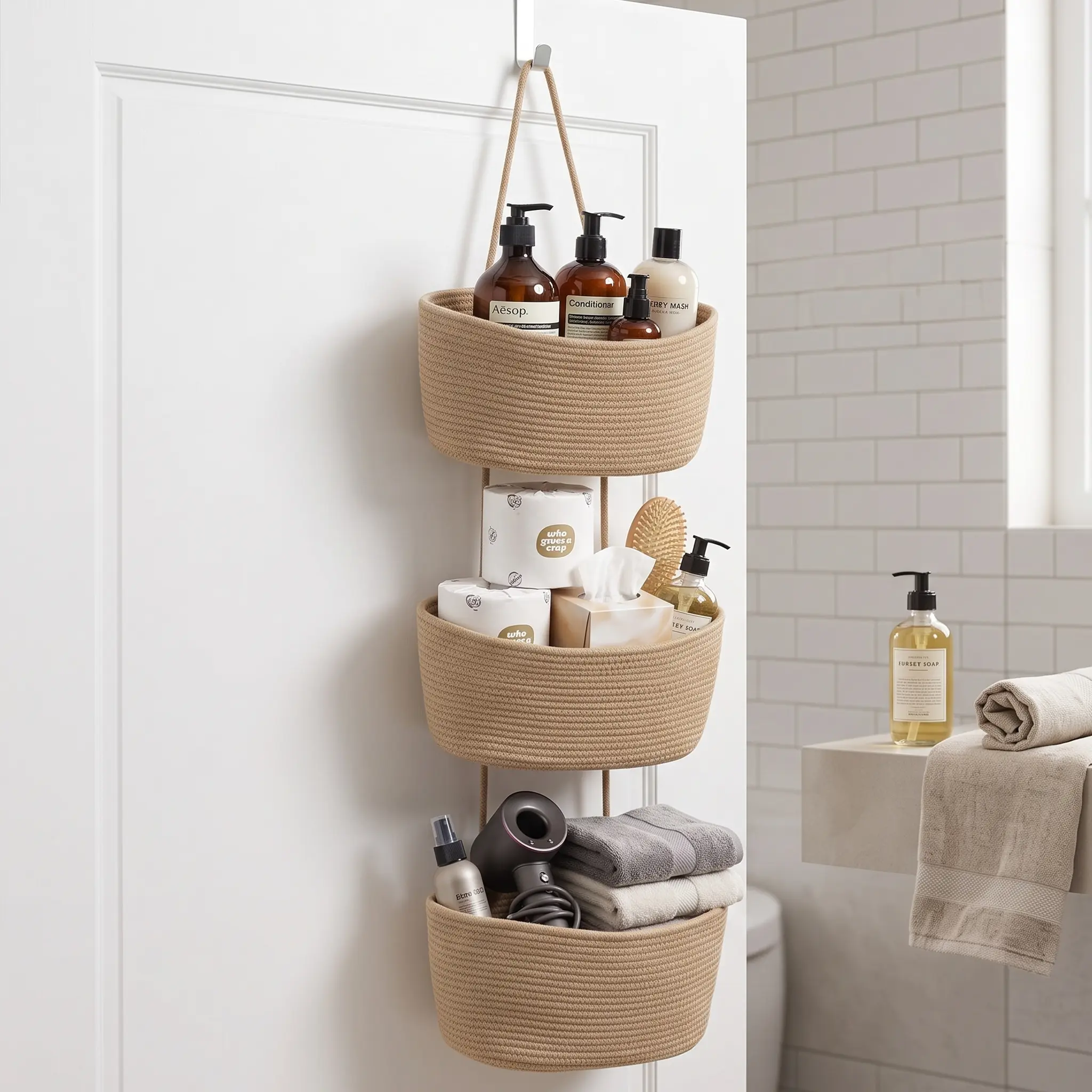 【15-inch】3-Layer Woven Jute Basket,Rustic-style home decor, perfect for children's rooms, bathrooms, and kitchen storage solutions,over door storage,entryway storage,jute wall basket