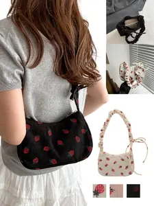 Strawberry Print Underarm Bag, Soft Fabric with Ruffle Design, Available in Three Colors, Perfect for Sweet Style