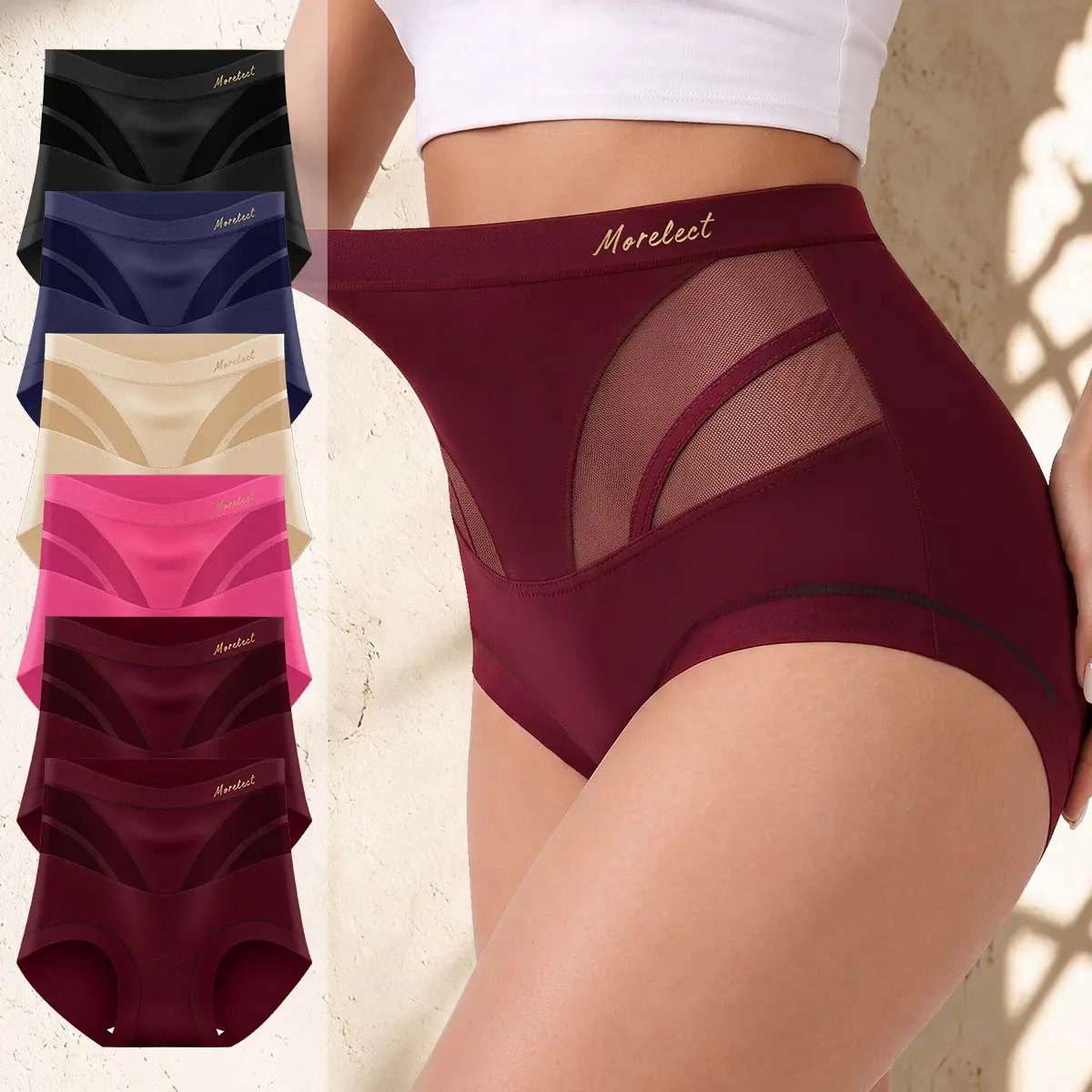 MORELECT Women’s High-Waisted Underwear for Women - Nylon-Blend Stretchy Soft Briefs, 4/6/8 PCS Full Coverage Retro Plain Panties with Stylish Sheer Mesh Details for Everyday Wear,sohochic
