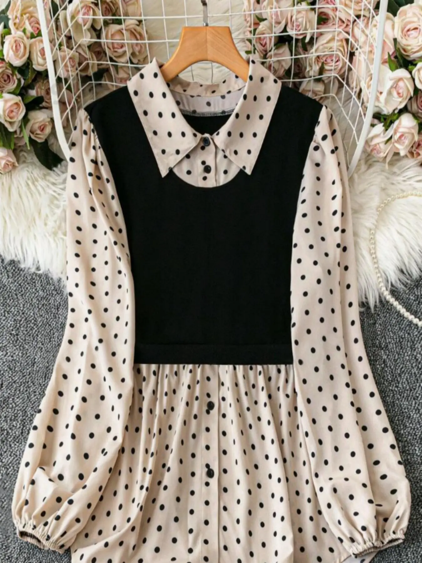 black and white polka dot dress shirt Black Mini Dress Corset Detail Long Sleeve