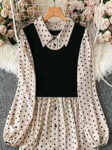 A ladies' polka dot patchwork black collar fitted long-sleeved shirt Blouses, perfect for Casual daily wear and exuding a fashionable and elegant vibe.