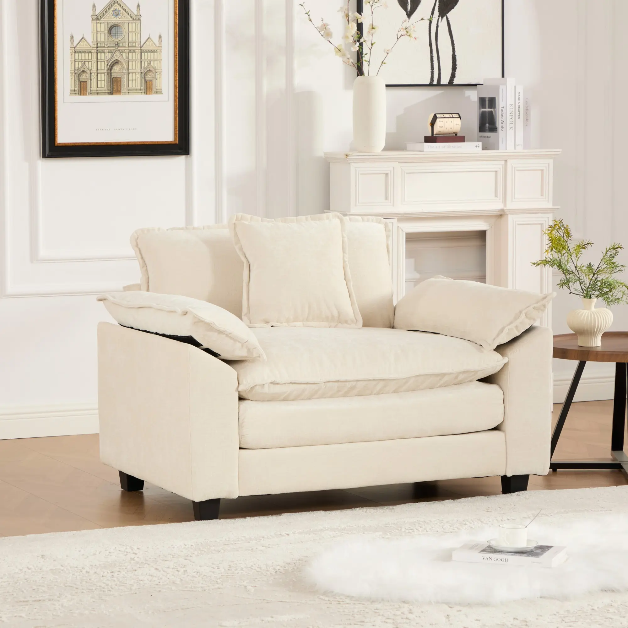 46.4" Beige Chenille Fabric Oversized Single Cloud Couch - Modern Comfy Upholstered Couch, Deep Seat Wide Armrest Accent Piece for Living Room, Modern Comfy Couch, Upholstered Sofas