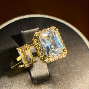 *SACRED GEOMETRY*    Item#00000014 European 14K Gold Plated Halo Four-Prong Setting Emerald-Cut 3.5 Carat Large White Cubic Zirconia Adjustable Fashion Ring (Center Stone 2.5 Carat, Side Stone 1 Carat, Ring Size 6.5 and Up)