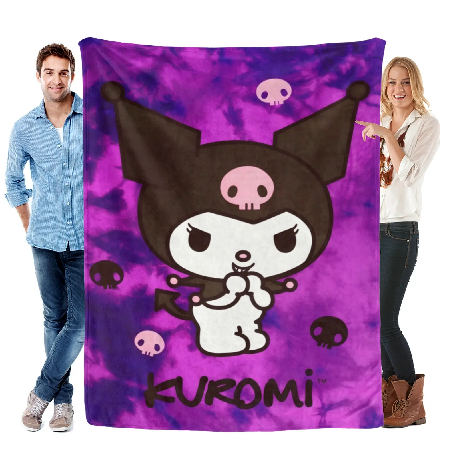 [Summervibes] Sanrio Purple Tie Dye Skull Kuromi Blanket - Soft, Warm, Lightweight Flannel Throw Blanket For Sofa, Bed, Dorm, Couch Cover, Kuromi Stuff Daily Home Cover