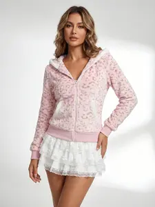 Leopard Print Fuzzy Zip-Up Hoodie, Warm Casual Oversized Long Sleeves Jacket Outerwear for Fall & Winter, Cute Trendy Lounge Wear for Girls