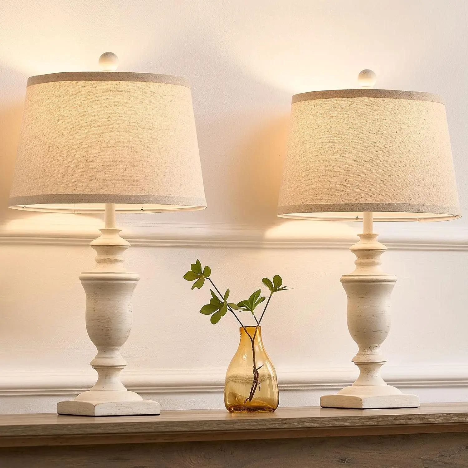 23" Farmhouse Table Lamps Set of 2, 3 Way Dimmable Lamps with 2 LED Bulbs and Rocker Switch, Vintage Nightstand Lamp for Bedroom Living Room Office End Table Entryway, White