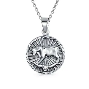 Taurus Zodiac Sign Astrology Horoscope Round Medallion Pendant Necklace Silver
