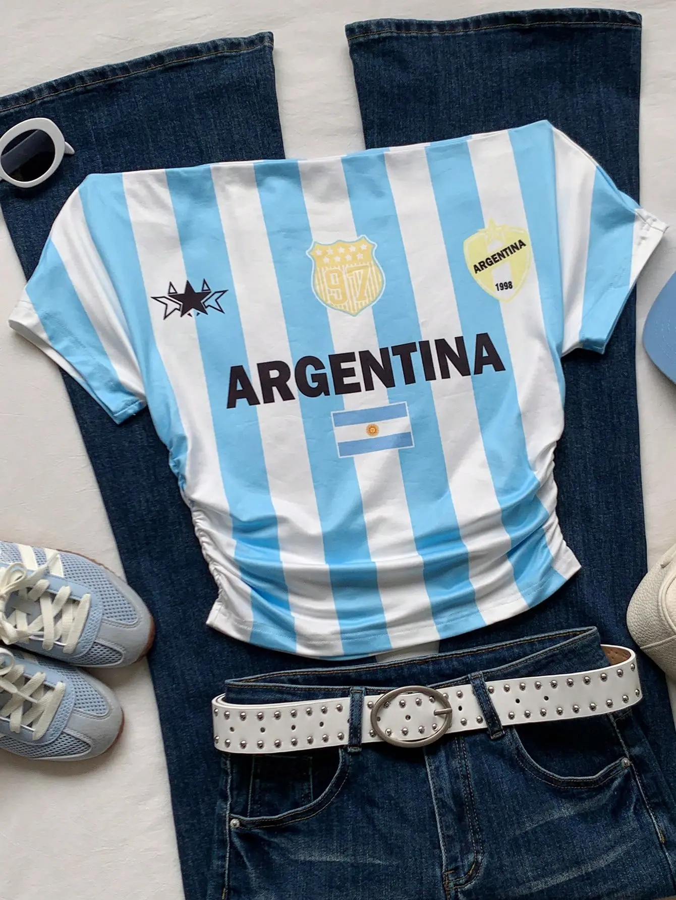 CHICWITHADRI Striped Off-Shoulder Argentina Tournament Print Graphic Tee Summer Outfit Beach Vacation Y2K Aesthetic Trendy Fashion Top