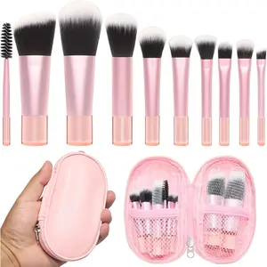 10 Pcs Mini Travel Makeup Brush Set with Pouch, Foundation, Eyeshadow, Blush, Highlighter, Angled Brow & Mascara Brushes - Soft Synthetic Fiber Brushes for On-The-Go & Daily Makeup