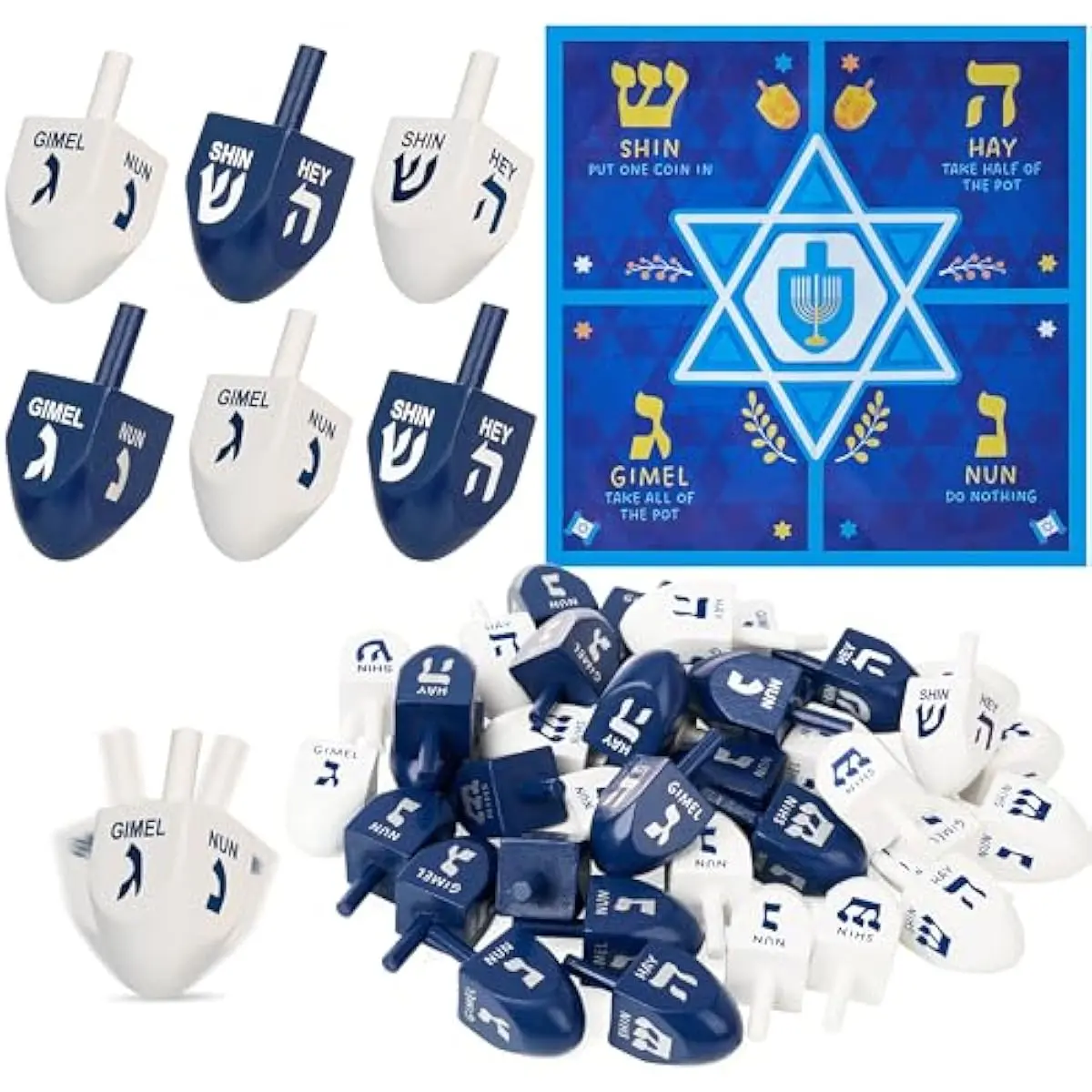32 PCS Hanukkah Dreidels Set, Blue & White Wooden Dreidels with English Transliteration and Instruction Play Map, Hanukkah Card Game for Family Activities Party Games