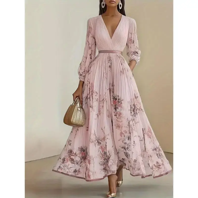 New(New)Elegant Olive Green V-Neck A-Line Formal Maxi Dress with Floral Lace Appliqué, Ruffled Bodice & Slit Hem - Machine Washable Women's Wedding, Party & Evening Gown, Wedding Dresses, Wedding Guest Attire, Vneck Design, Pleated Skirt Style, Highqualit