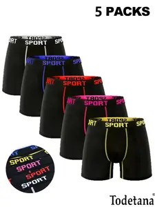 5 Packs Men's Stretchy Boxer Briefs – Casual Slim Fit, Breathable, Moisture-Absorbing Underwear for Daily Wear, All Seasons, Athleisure Menswear, Solid Color/Letter Tape – Ideal Christmas Gift