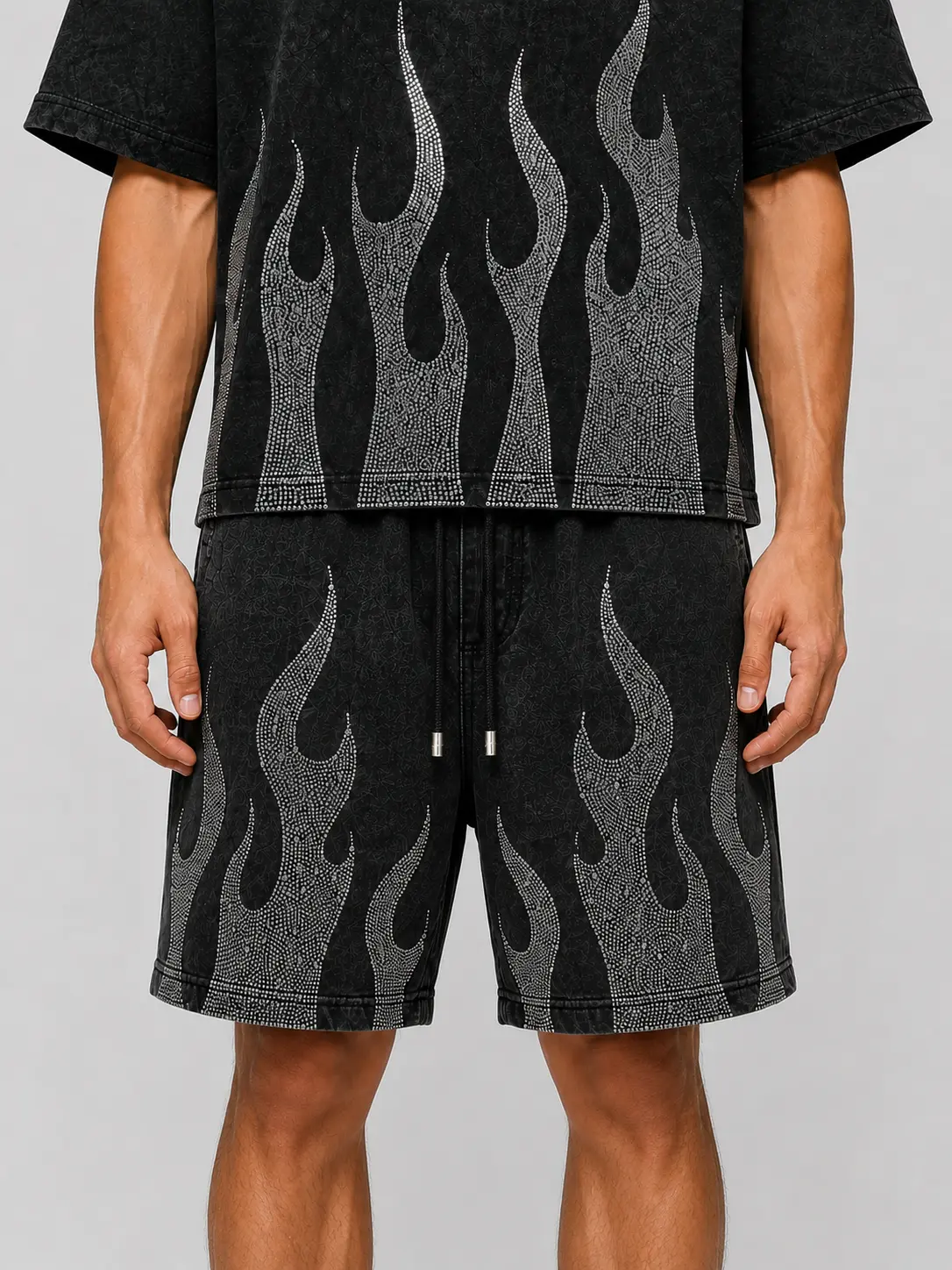 Women's Luxury Street Style Rhinestone Shorts - Rare Peace Detail, Metal Flame Graphics, Oversized Silhouette Black Piece RS5048