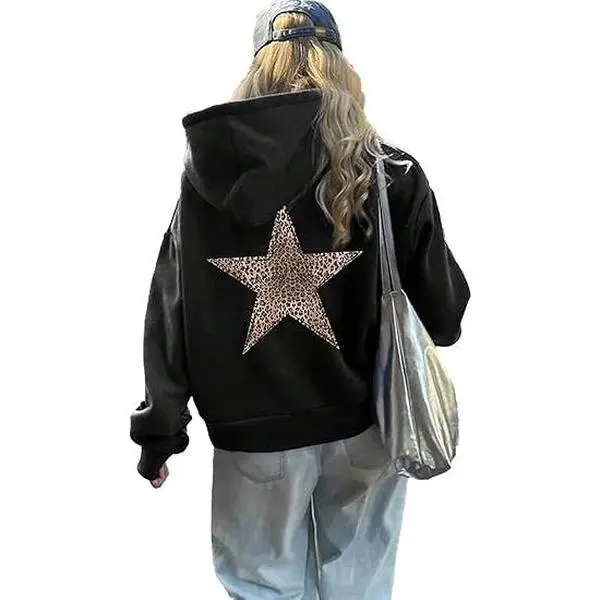Holafish Women's Oversized Thick Long-Sleeve Fleece Hoodie - Leopard Print, Star Graphic, Casual Fashion Pullover Clothes, Warm Trendy 2026 Winter Outfit