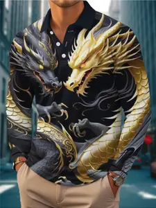 Men's Mythic Dragons Print Golf Shirt, Casual Fitted Collared, Casual Stylish Long Sleeve Top As Gift