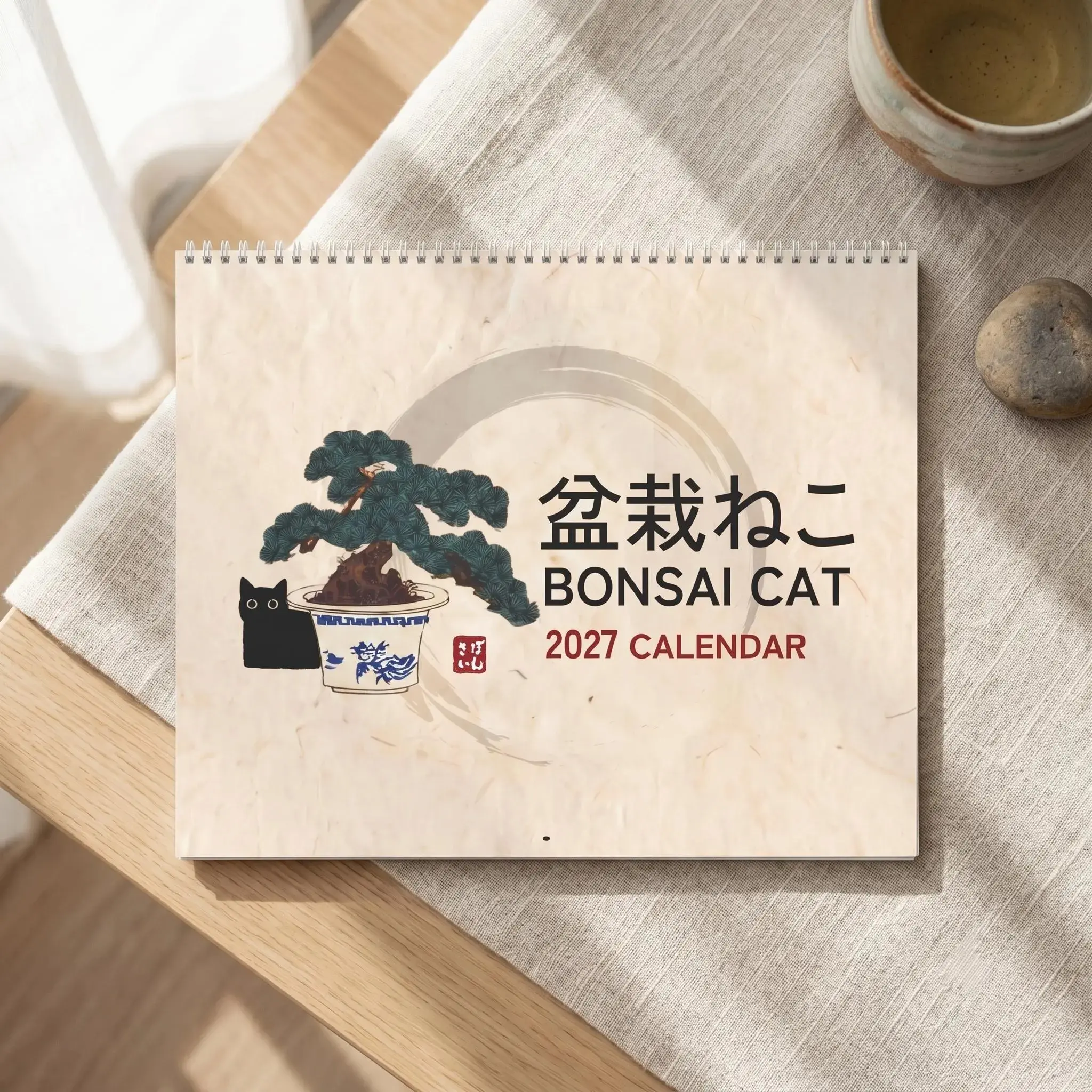 2026 2027 Bonsai Wall Calendar Cat Lover Gift, Japanese Wabi Sabi Room Decor, Kawaii Black Cat Art, Minimalist Zen Home Office Planner