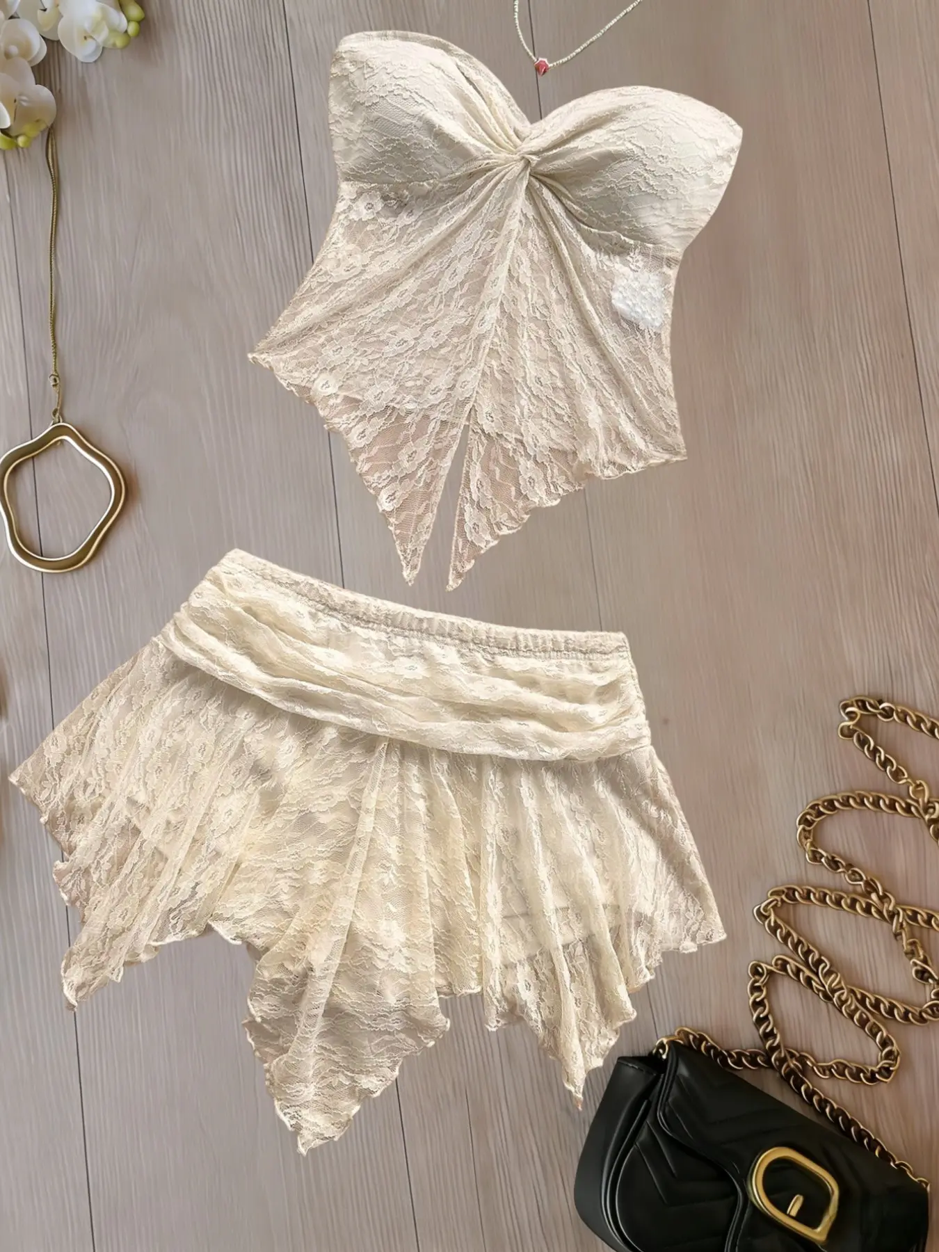 New Lace Tube Top Set for Women, V Neck Short Sleeve Top Irregular Mini Skirt Casual Party Beach Womenswear Summer Matching Set