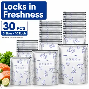 30-Pack Value Aluminum Foil Food Storage Bags, Help Keep Food Fresh Longer, Double Zip Seal Leak-Resistant Freezer Organizer Bags with Writable Label Area, Odor-Blocking Light-Blocking Foil Layer, Reusable Meal Prep Bags, 3 Sizes Included