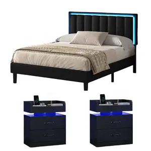 HOMBCK Bed Frame with Nightstand set, Led lights, Faux Leather Adjustable Headboard, Wood Slat Support, No Box Spring Needed, Easy Assembly