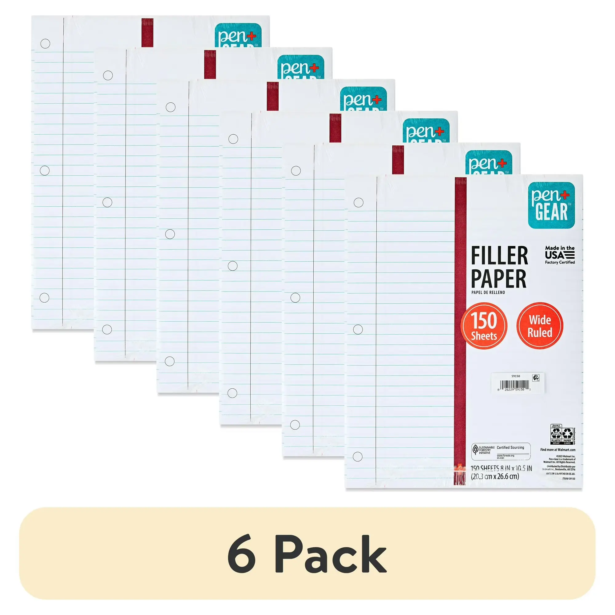 (6 pack) 150 Sheets Wide Ruled Filler Paper, 10.5" x 8"