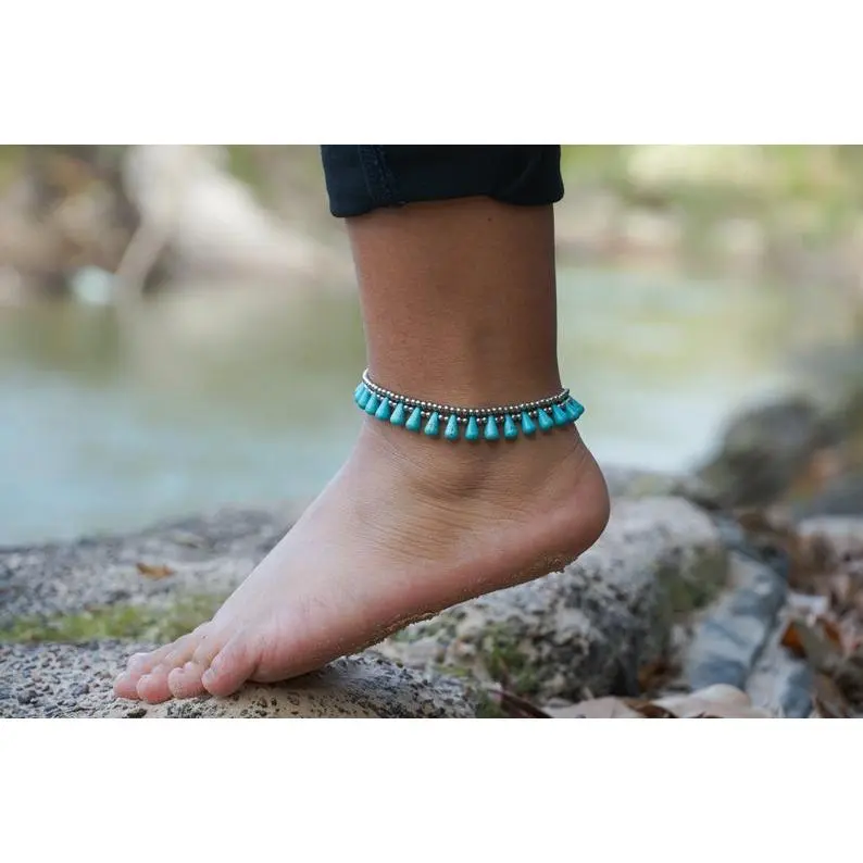 Turquoise Teardrop Bead Boho Silver Anklet