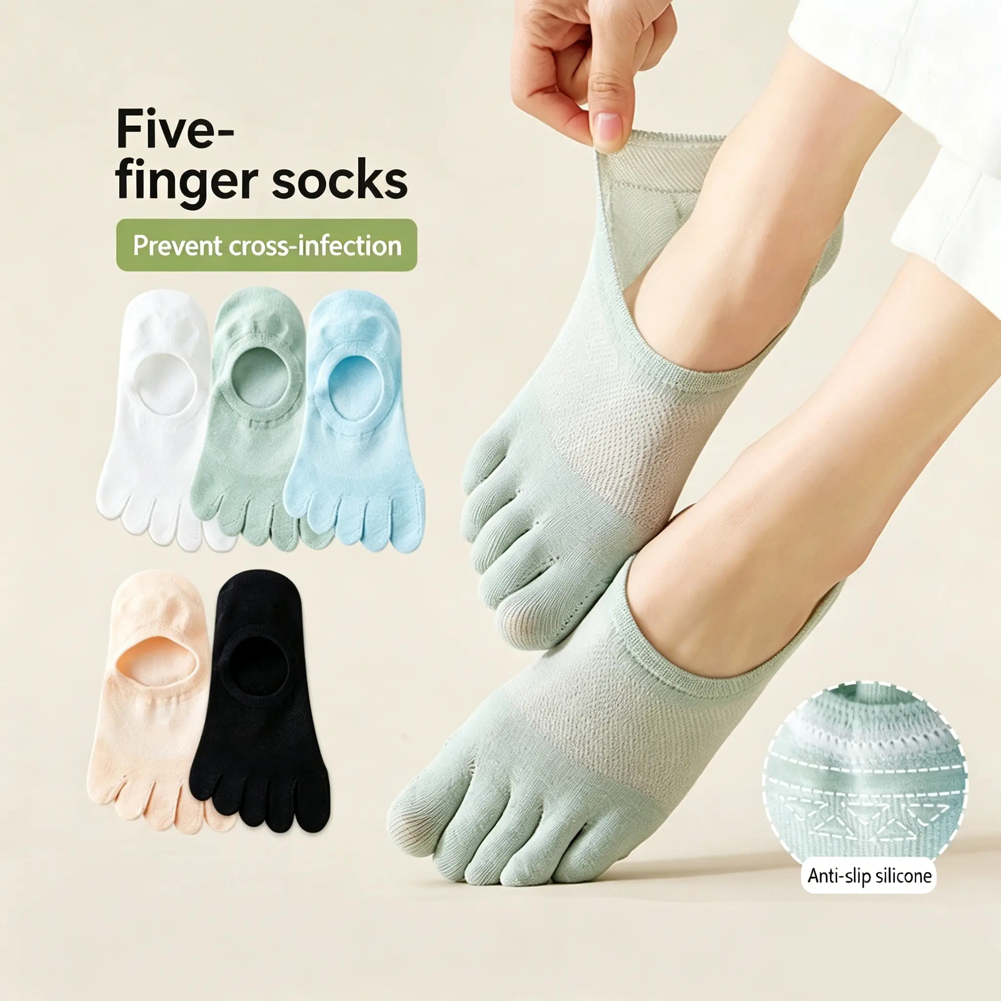 Women's 5-Toe No-Show Cotton Socks - Lightweight Gym Socks with Soft Fabric, Anti-Slip Silicone Liner, Breathable Mesh, Separate Toe Design for Matching Daily Wear & Cross Infection Prevention, Strip, Casual, Style, Solid, Basics