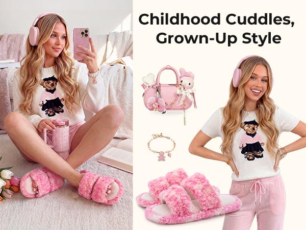 EverFoams Women's Fuzzy Open Toe Slippers Comfy Soft Memory Foam Indoor House Shoes