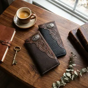 Mens Tooled Long Wallet Longhorn Concho Soft Brown Coffee Leather Rock Style Ultra Strong Stitching Western Charm Checkbook Style