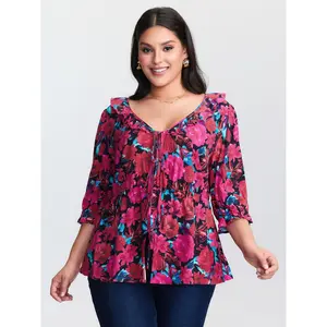 Women's Plus Size Short-Sleeve Smooth Fabric V-Neck Floral Print Front-Tie Cinched Flared Blouse Top, Lady-Fit Shirts in Sizes M-6X, 2026 Summer Mother's Day Pick,summervibes