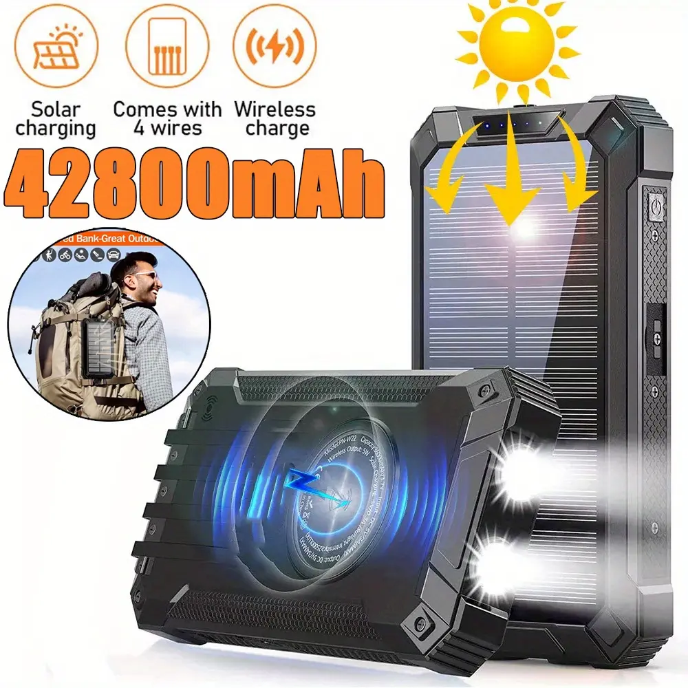 2026 New Solar Mobile Power Bank Wireless Charger 42800mAh Built-in 4 Cables Six Outputs 15W Fast Charging Mobile Power Bank Suitable For All Mobile Devices Three Inputs With Dual Flashlights Solar Portable Charger, the Best Gift for Festival