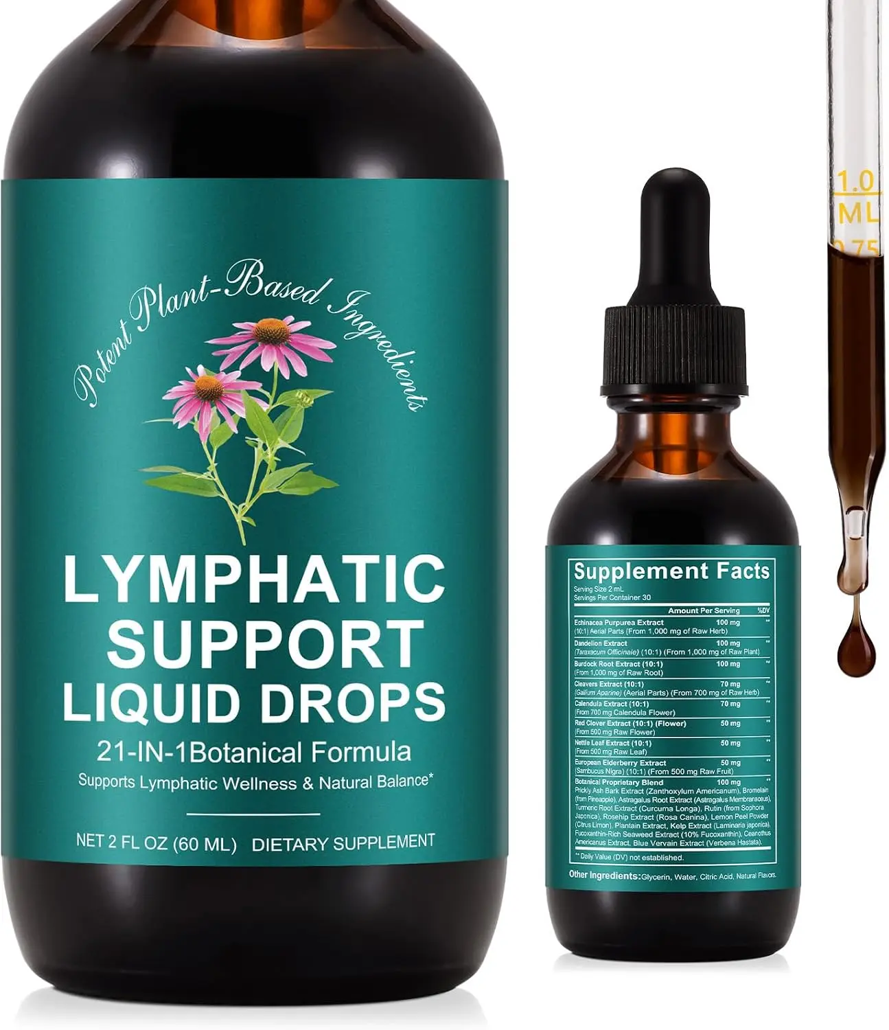 Lymphatic Drainage Drops  21-in-1 Lymph System Support Supplement  Lymph Cleanse with Turmeric, Echinacea, Elderberry & Dandelion  for Women & Men, 2 fl oz