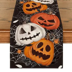 Halloween Table Runner, Pumpkin Design, Linen Restaurant Decor, Fall Season Home and Outdoor Decoration, 1 Piece Set
