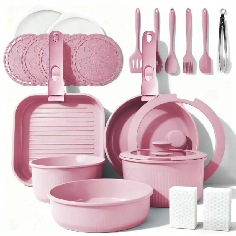 *24/7/5pcs Non-Stick Pots and Pans Set with Detachable Handle Oven Safe Stackable RV Kitchen Cooking Set Modern Aluminum Dishwasher Safe Optimal Storage Design