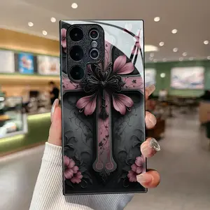 Phone case: Darkly Delicate Floral Vine Cross Black tempered glass shell for  S26 S25 S24 S23 S22Pro S21 S20 Fe Plus Ultra Pro A56 A55 A54 A53 A52 A51 A36 A35 A34 A32 A26 A25 A24 A23 A16 A15 A14 A06 A05 A03s, creative fashion following, Acce, Accessories,