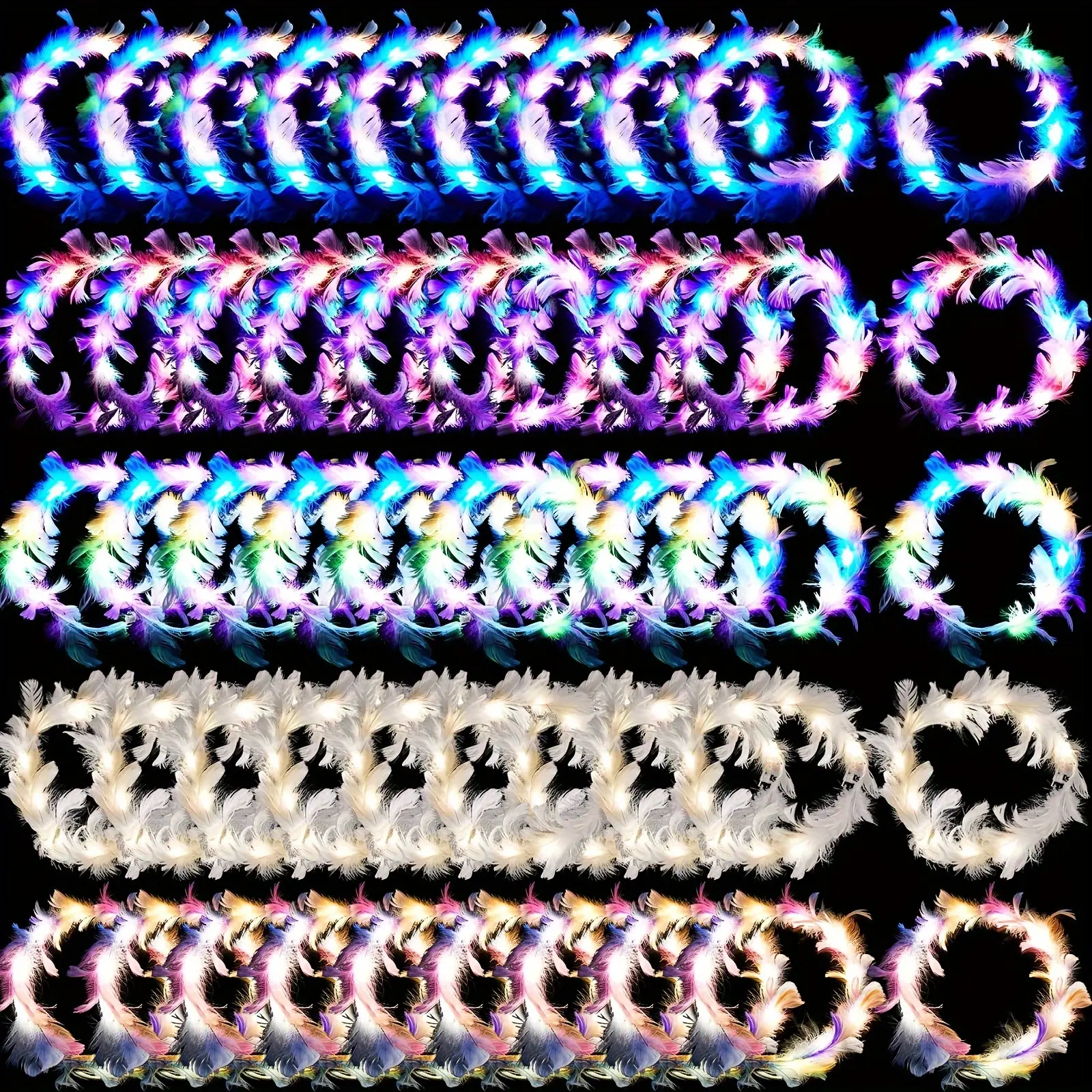 50 Pieces Colorful LED Feather Crown Headband - Adjustable, Light Up, Flashing, Luminous, Festival-Ready Hair Accessories for Women - Bulk Pack, Girls' Favorite, Perfect for Party, Cosplay, and Rave Events