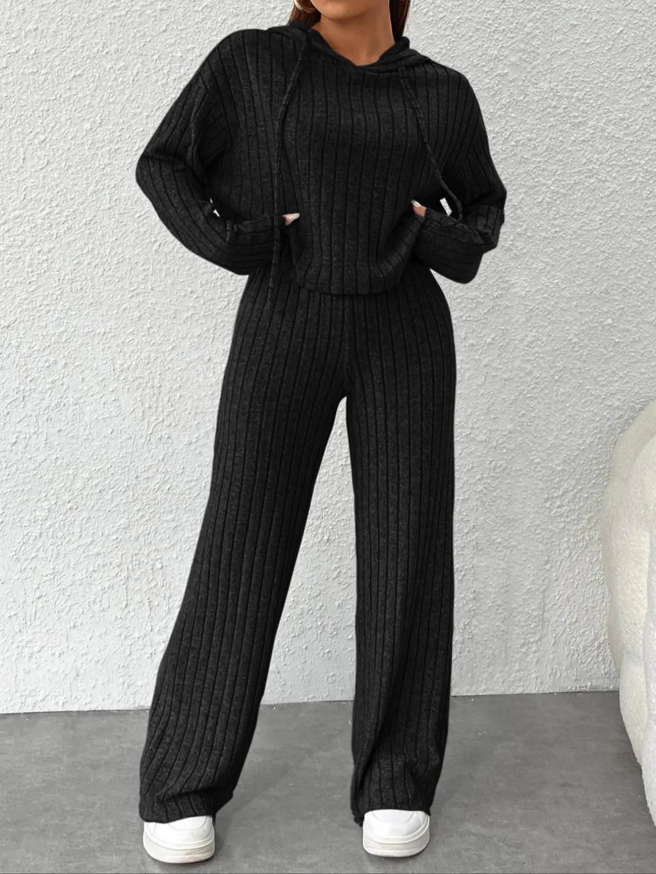 Plus Two-Piece Set Drop Shoulder Drawstring Hoodie & High Waist Pants Set, Casual Long Sleeve Hooded Top & Straight Leg Trousers, Women's Outfits For