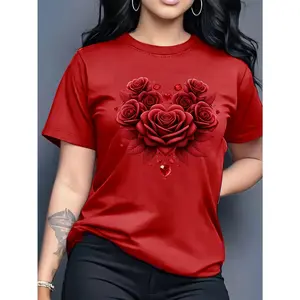 100% Cotton Heart-shaped Rose Flower Series Pattern Printed T-shirt, Short-sleeved Round Neck Casual Top Summer Spring, Women's Clothing